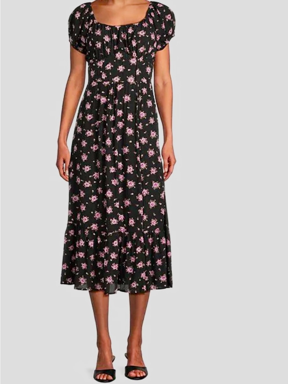Angie Black Midi Dress with Pink Floral Print